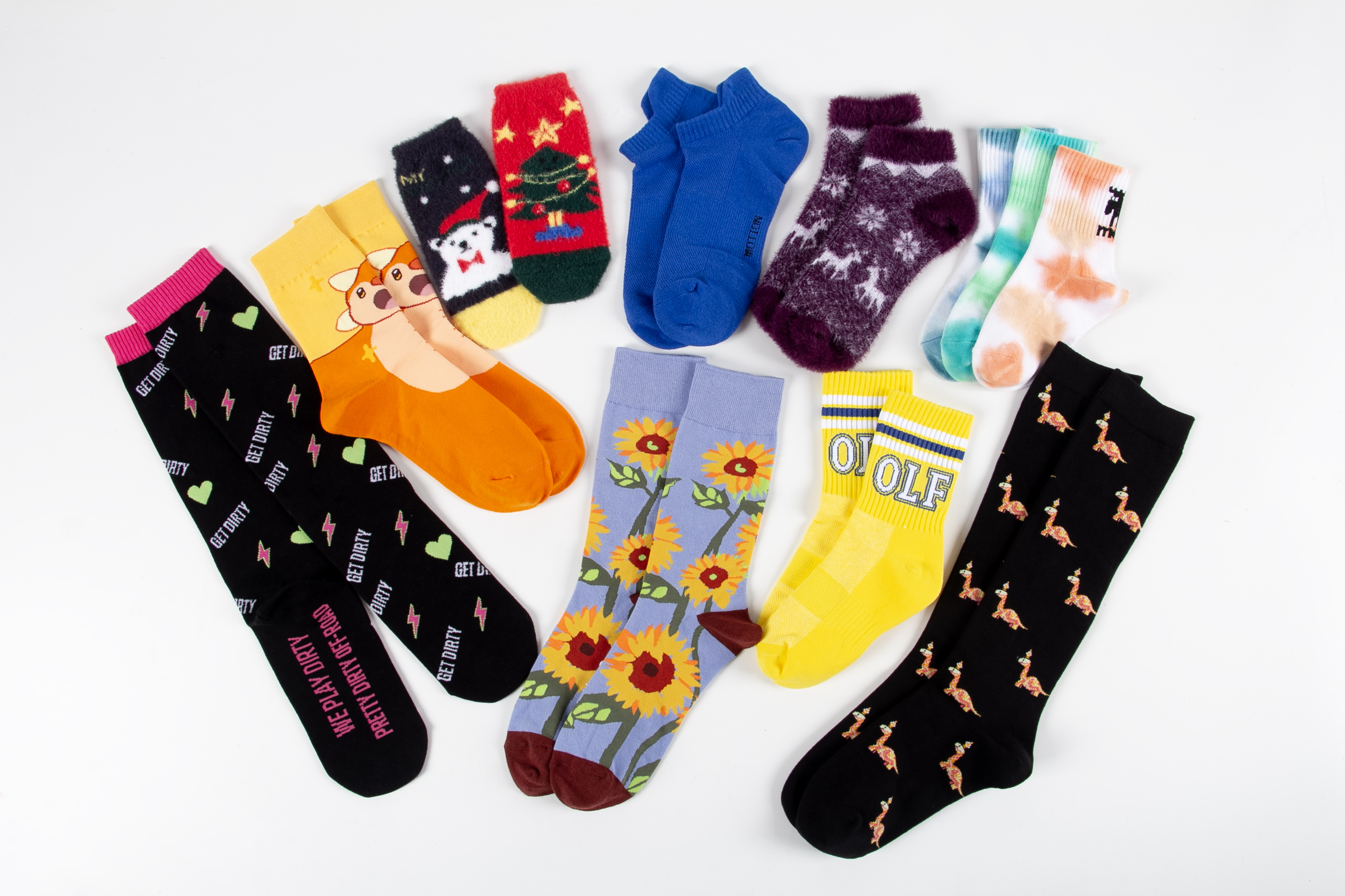 Custom sock height range samples including knee high socks, crew socks, ankle socks, no-show socks, fuzzy socks, and kids socks