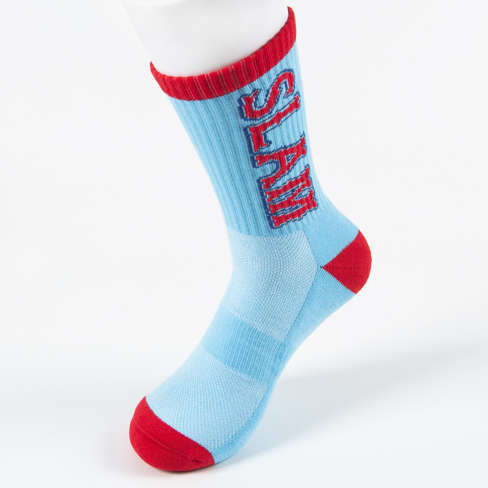Custom blue and red crew sports socks with knitted logo design